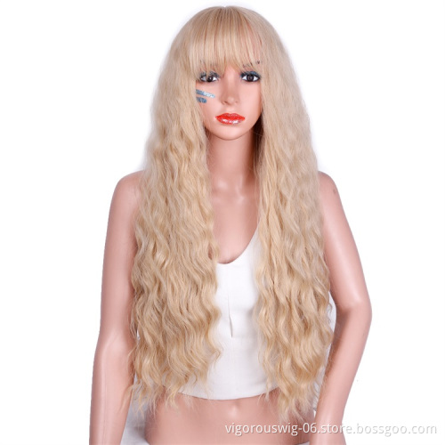 Vigorous 26 Inch Blonde 30-613 Color Long Wavy Wig with Bangs Glueless Synthetic Party Halloween Wigs